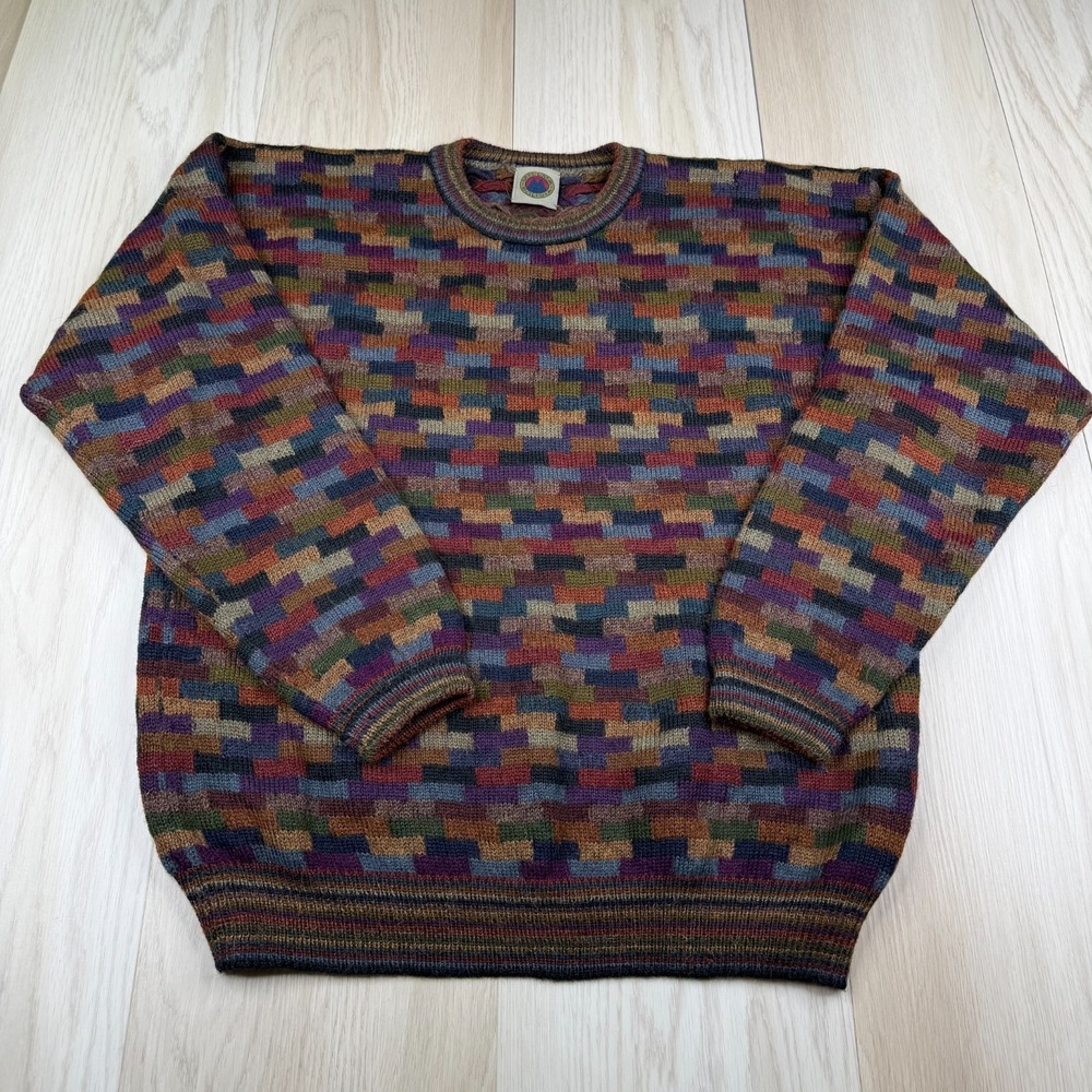 VTG Millma Bolivia Mens Multicolor Long Sleeve Alpaca Handloomed Sweater Size S